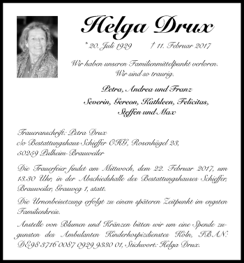 Anzeige von Helga Drux von Kölner Stadt-Anzeiger / Kölnische Rundschau / Express