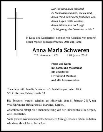 Anzeige von Anna Maria Schweren von Kölner Stadt-Anzeiger / Kölnische Rundschau / Express