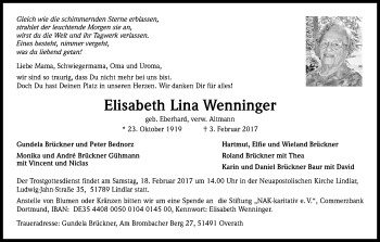 Anzeige von Elisabeth Lina Wenninger von Kölner Stadt-Anzeiger / Kölnische Rundschau / Express