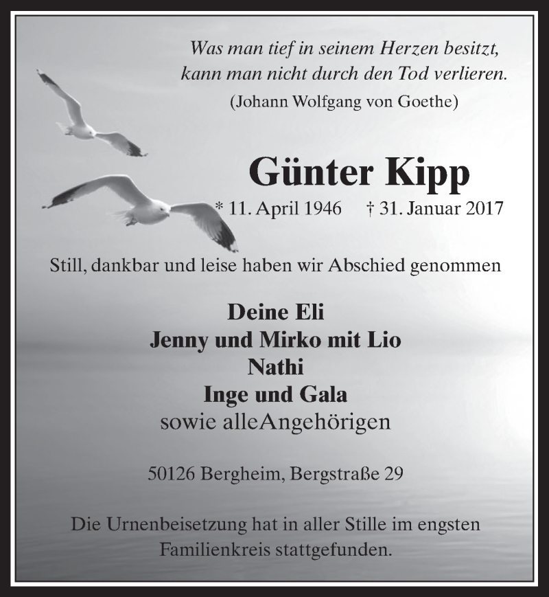  Traueranzeige für Günter Kipp vom 15.02.2017 aus  Werbepost 