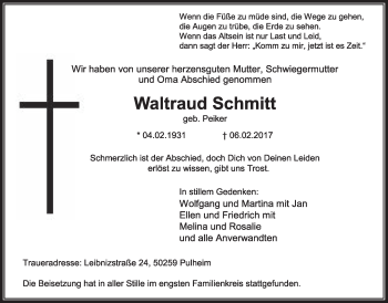 Anzeige von Waltraud Schmitt von  Sonntags-Post 