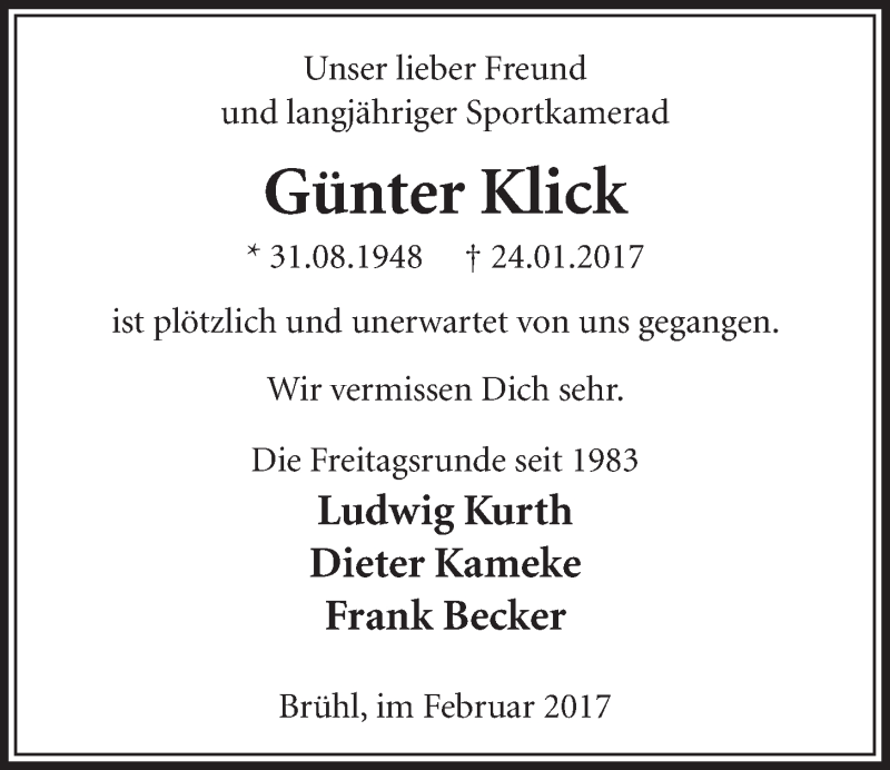  Traueranzeige für Günter  Klick vom 08.02.2017 aus  Schlossbote/Werbekurier 
