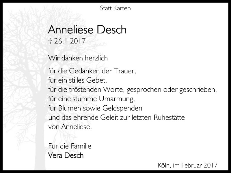  Traueranzeige für Anneliese Desch vom 22.02.2017 aus Kölner Stadt-Anzeiger / Kölnische Rundschau / Express