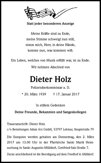 Anzeige von Dieter Holz von Kölner Stadt-Anzeiger / Kölnische Rundschau / Express