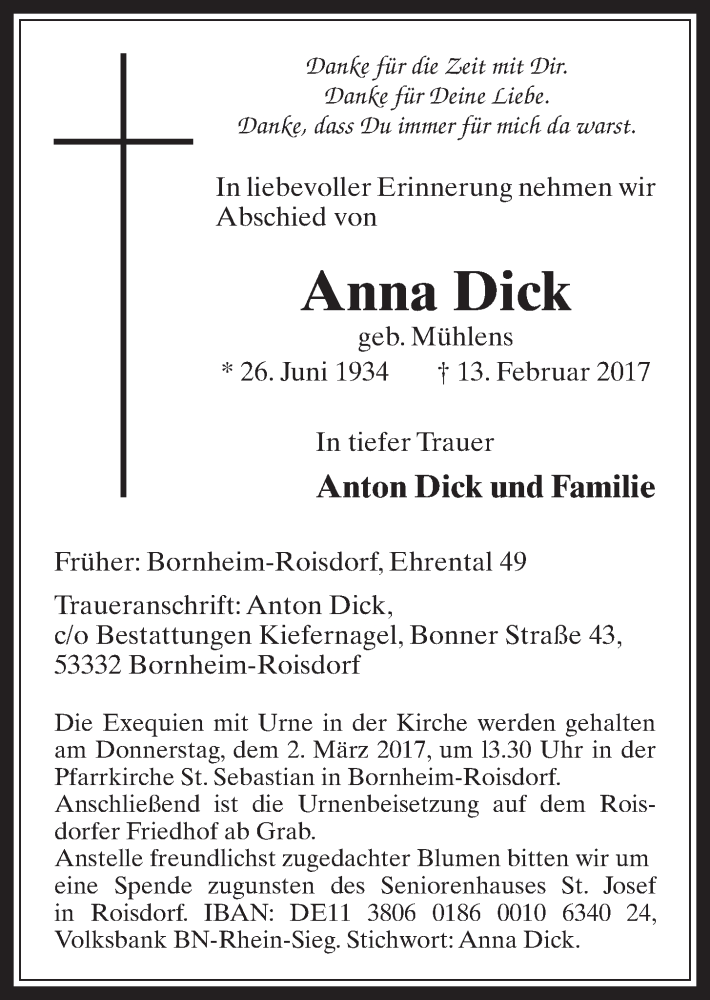  Traueranzeige für Anna Dick vom 22.02.2017 aus  Schaufenster/Blickpunkt 