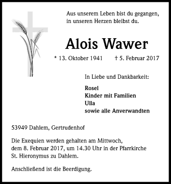 Anzeige von Alois Wawer von Kölner Stadt-Anzeiger / Kölnische Rundschau / Express