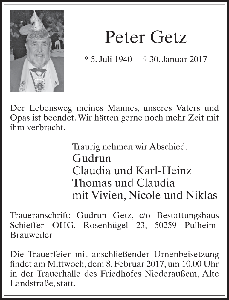  Traueranzeige für Peter Getz vom 04.02.2017 aus  Sonntags-Post 