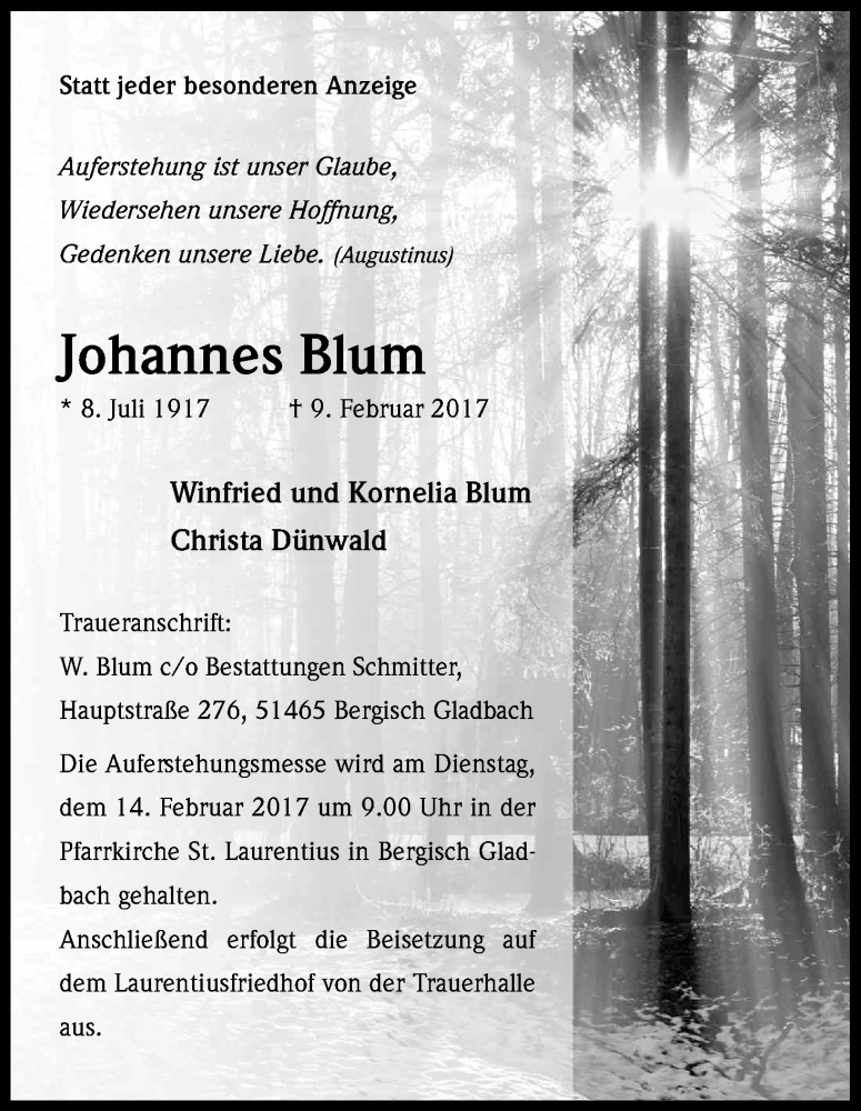  Traueranzeige für Johannes Blum vom 11.02.2017 aus Kölner Stadt-Anzeiger / Kölnische Rundschau / Express