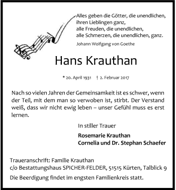 Anzeige von Hans Krauthan von Kölner Stadt-Anzeiger / Kölnische Rundschau / Express