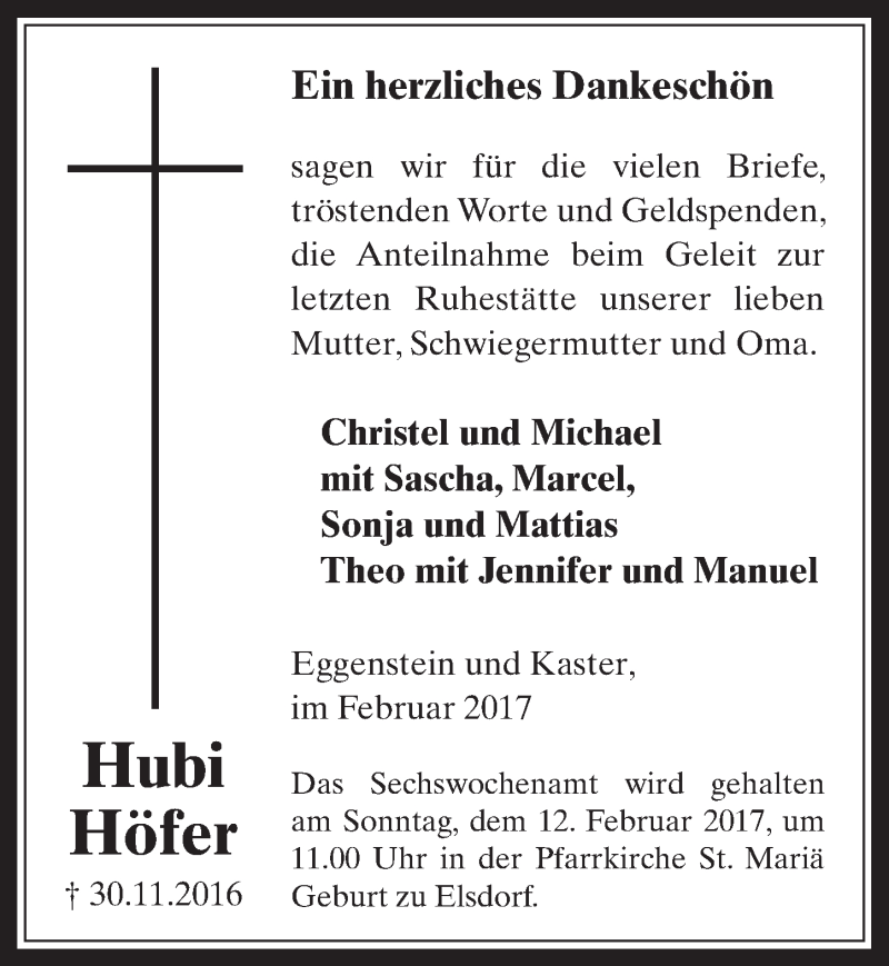 Traueranzeige für Hubi Höfer vom 08.02.2017 aus  Werbepost 