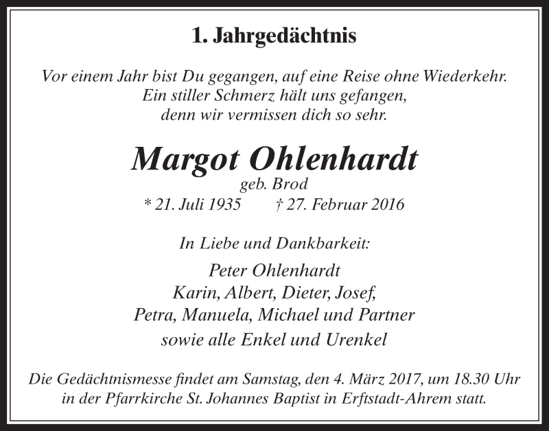  Traueranzeige für Margot Ohlenhardt vom 01.03.2017 aus  Werbepost 