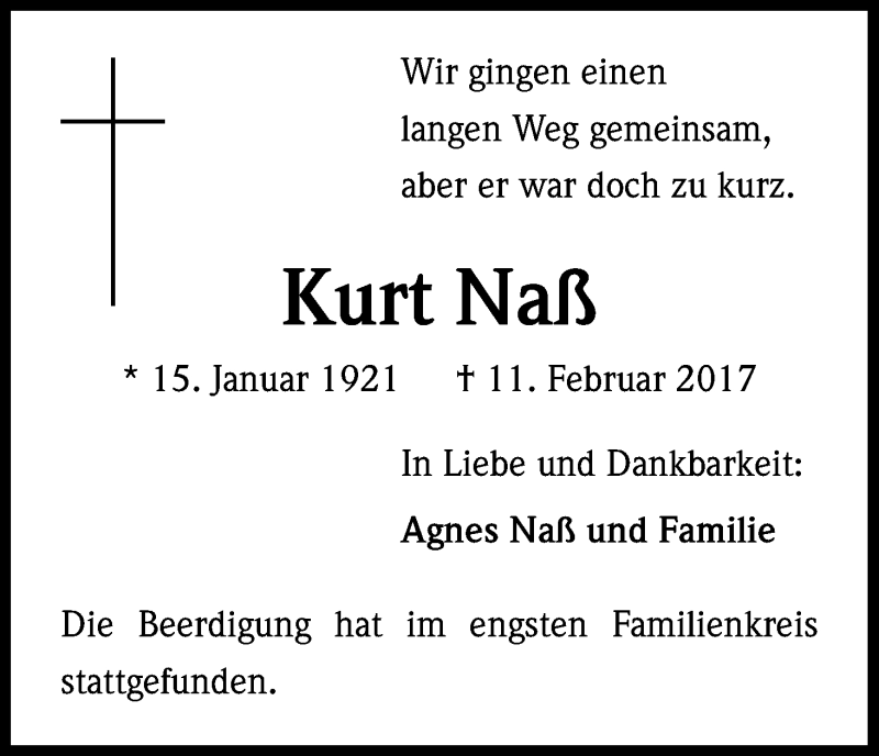  Traueranzeige für Kurt Naß vom 18.02.2017 aus Kölner Stadt-Anzeiger / Kölnische Rundschau / Express