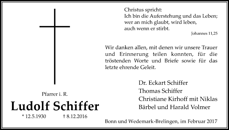  Traueranzeige für Ludolf Schiffer vom 04.02.2017 aus Kölner Stadt-Anzeiger / Kölnische Rundschau / Express