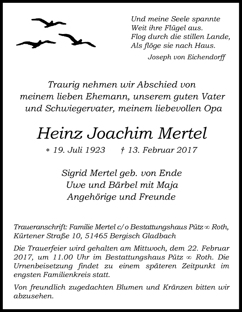  Traueranzeige für Heinz Joachim Mertel vom 18.02.2017 aus Kölner Stadt-Anzeiger / Kölnische Rundschau / Express