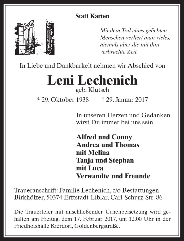 Traueranzeige für Leni Lechenich vom 15.02.2017 aus  Werbepost 