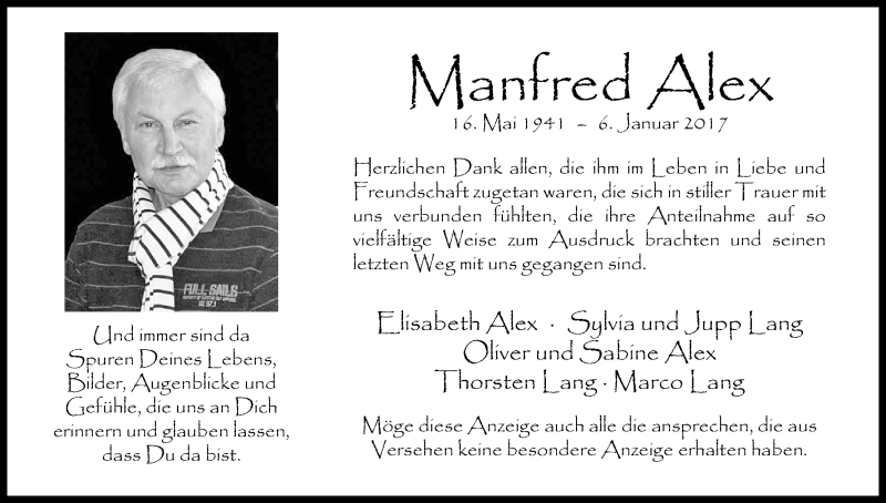  Traueranzeige für Manfred Alex vom 25.02.2017 aus Kölner Stadt-Anzeiger / Kölnische Rundschau / Express