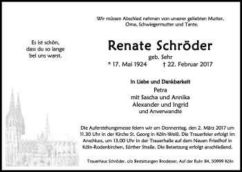 Anzeige von Renate Schröder von Kölner Stadt-Anzeiger / Kölnische Rundschau / Express