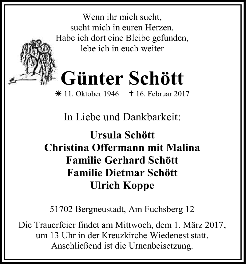  Traueranzeige für Günter Schött vom 25.02.2017 aus Kölner Stadt-Anzeiger / Kölnische Rundschau / Express