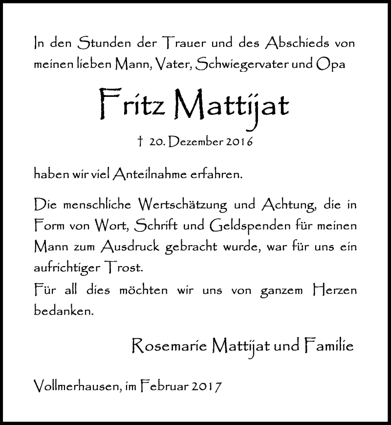  Traueranzeige für Fritz Mattijat vom 22.02.2017 aus  Anzeigen Echo 