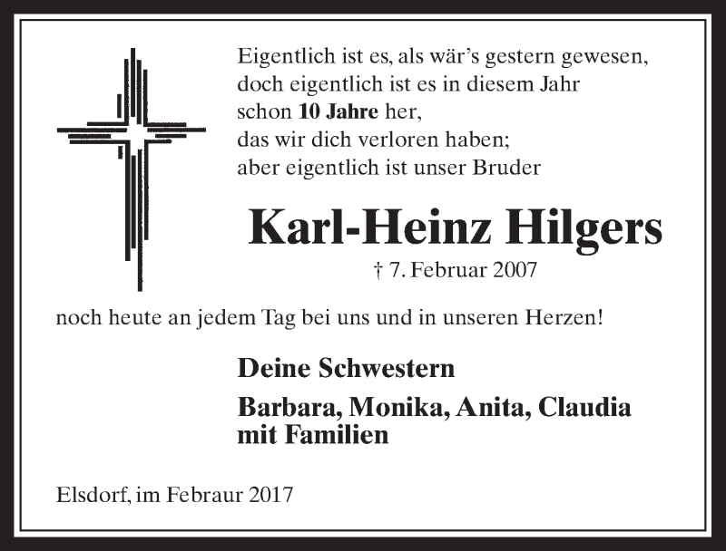  Traueranzeige für Karl-Heinz Hilgers vom 04.02.2017 aus  Sonntags-Post 