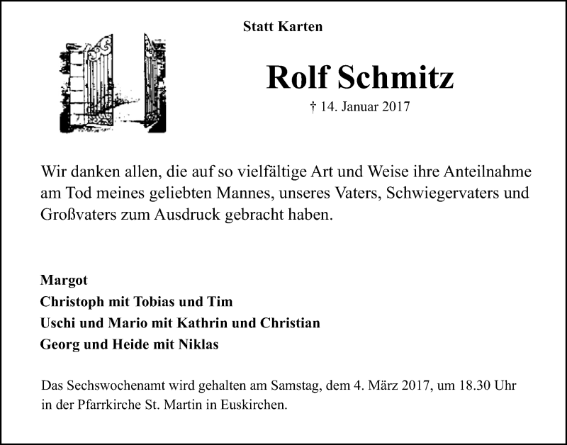  Traueranzeige für Rolf Schmitz vom 18.02.2017 aus  Blickpunkt Euskirchen 