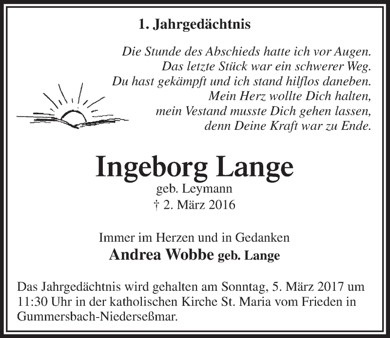  Traueranzeige für Ingeborg Lange vom 01.03.2017 aus  Anzeigen Echo 