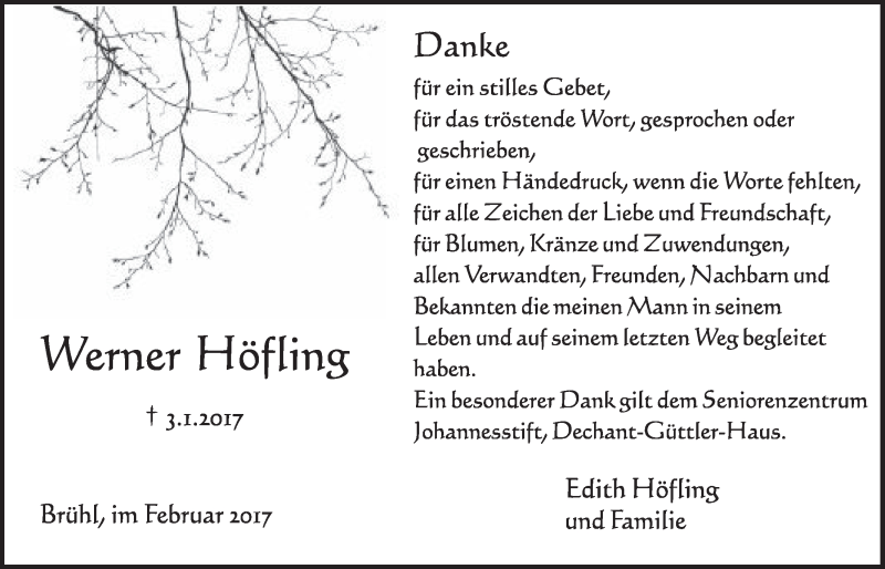  Traueranzeige für Werner Höfling vom 08.02.2017 aus  Schlossbote/Werbekurier 