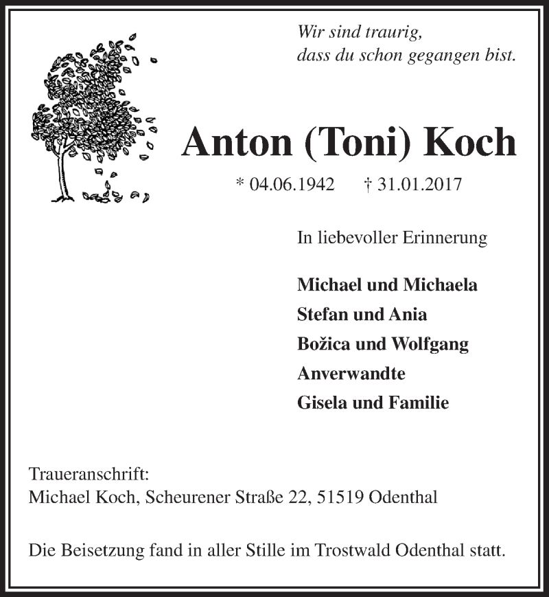  Traueranzeige für Anton  Koch vom 18.02.2017 aus  Leverkusener Wochenende 