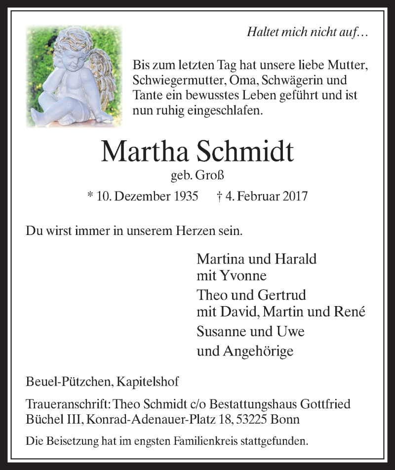  Traueranzeige für Martha Schmidt vom 22.02.2017 aus  Schaufenster/Blickpunkt 