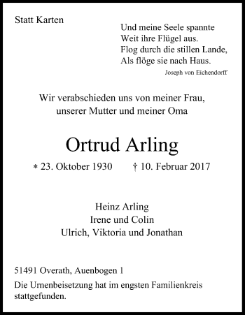 Anzeige von Ortrud Arling von Kölner Stadt-Anzeiger / Kölnische Rundschau / Express