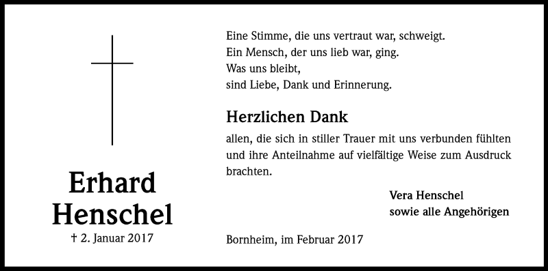  Traueranzeige für Erhard Henschel vom 04.02.2017 aus Kölner Stadt-Anzeiger / Kölnische Rundschau / Express
