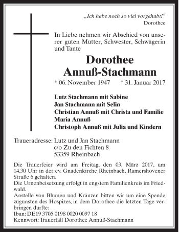 Anzeige von Dorothee Annuß-Stachmann von  Schaufenster/Blickpunkt 