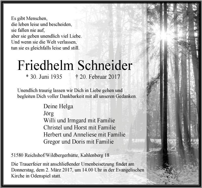  Traueranzeige für Friedhelm Schneider vom 01.03.2017 aus  Lokalanzeiger 