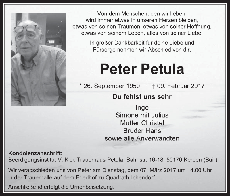  Traueranzeige für Peter Petula vom 01.03.2017 aus  Werbepost 