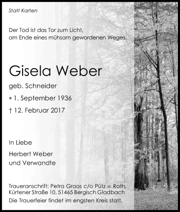 Anzeige von Gisela Weber von Kölner Stadt-Anzeiger / Kölnische Rundschau / Express