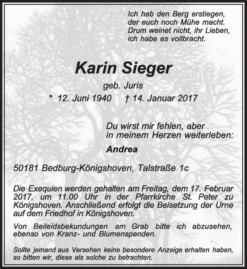  Traueranzeige für Karin Sieger vom 11.02.2017 aus  Sonntags-Post 