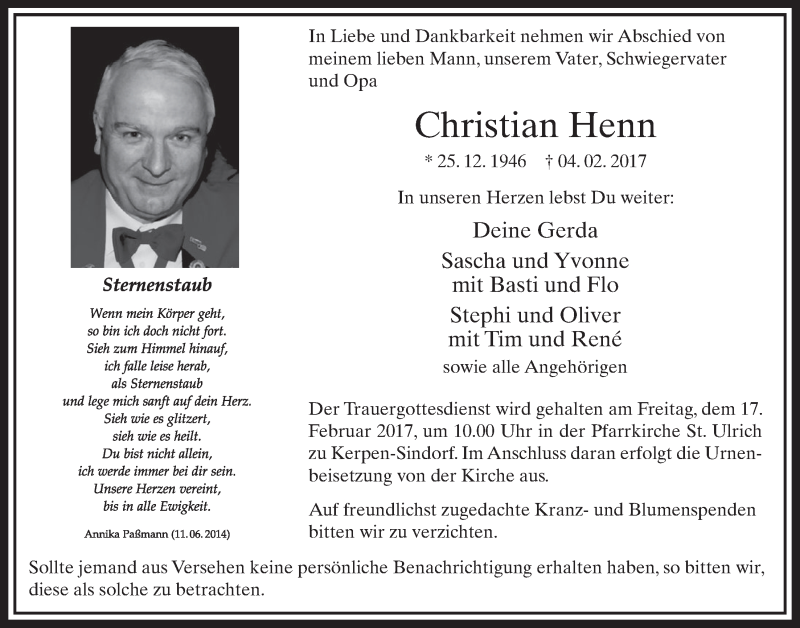  Traueranzeige für Christian Henn vom 11.02.2017 aus  Sonntags-Post 