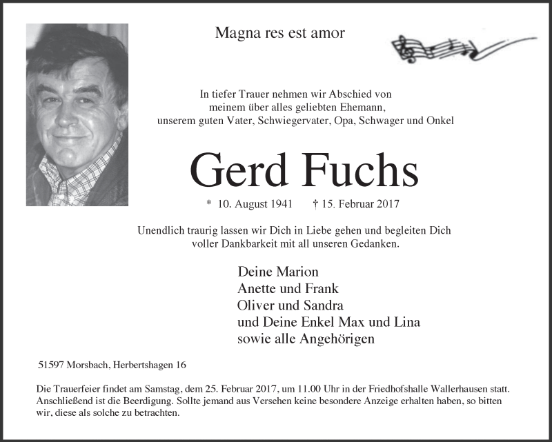  Traueranzeige für Gerd Fuchs vom 22.02.2017 aus  Lokalanzeiger 