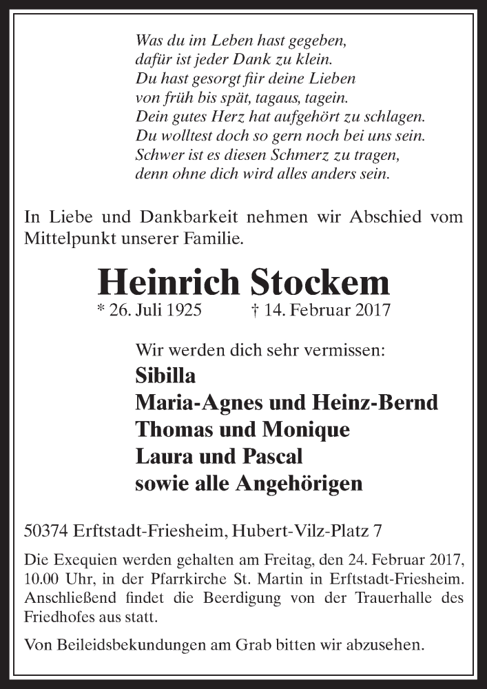  Traueranzeige für Heinrich Stockem vom 22.02.2017 aus  Werbepost 