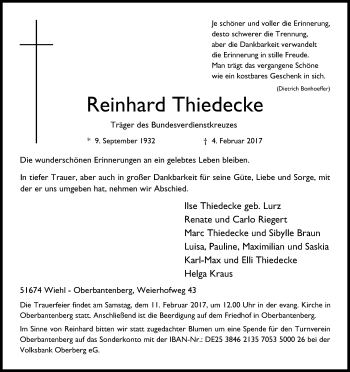 Anzeige von Reinhard Thiedecke von Kölner Stadt-Anzeiger / Kölnische Rundschau / Express