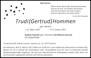 Anzeige von Gertrud Hommen von Kölner Stadt-Anzeiger / Kölnische Rundschau / Express