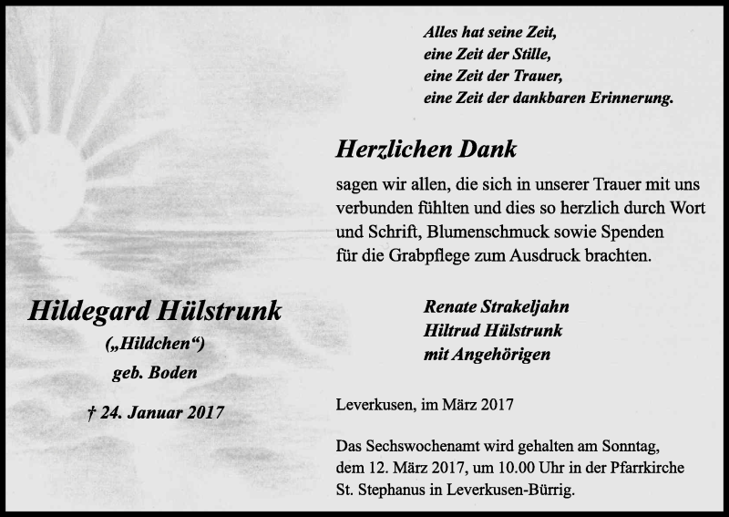  Traueranzeige für Hildegard Hülstrunk vom 01.03.2017 aus Kölner Stadt-Anzeiger / Kölnische Rundschau / Express