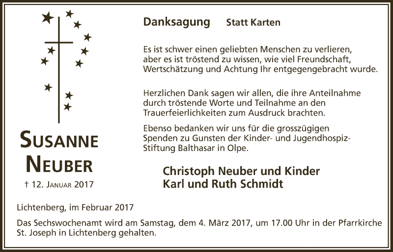  Traueranzeige für Susanne Neuber vom 01.03.2017 aus  Lokalanzeiger 