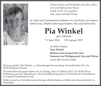 Anzeige von Pia Winkel von  Sonntags-Post 