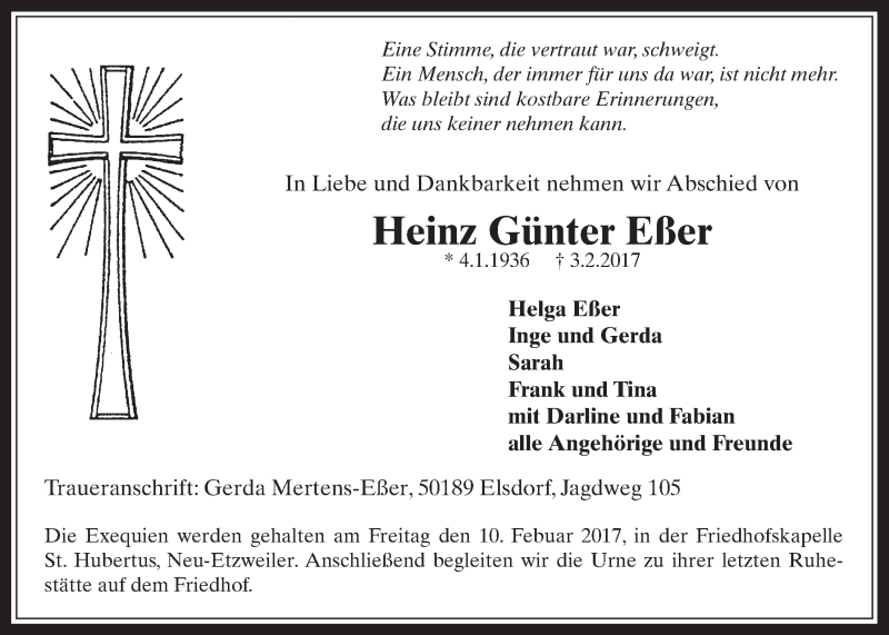  Traueranzeige für Heinz Günter Eßer vom 08.02.2017 aus  Wochenende 