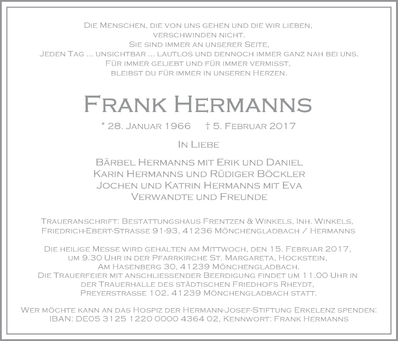  Traueranzeige für Frank Hermanns vom 11.02.2017 aus  Sonntags-Post 