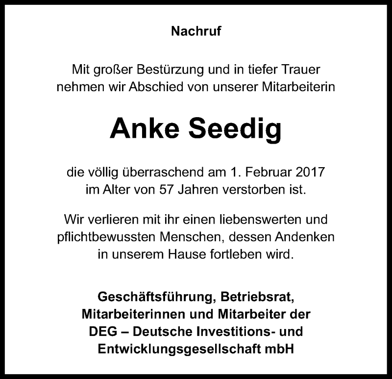  Traueranzeige für Anke Seedig vom 11.02.2017 aus Kölner Stadt-Anzeiger / Kölnische Rundschau / Express