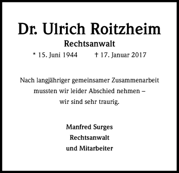 Anzeige von Ulrich Roitzheim von Kölner Stadt-Anzeiger / Kölnische Rundschau / Express
