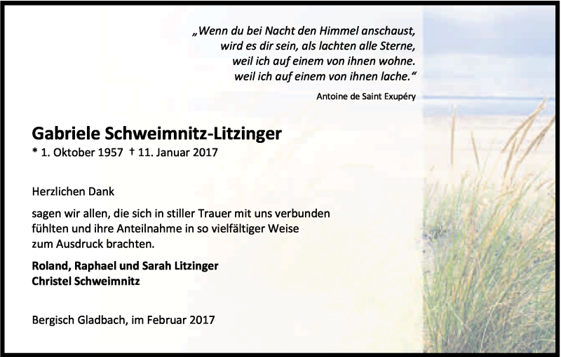 Traueranzeige für Gabriele Schweimnitz-Litzinger vom 24.02.2017 aus Kölner Stadt-Anzeiger / Kölnische Rundschau / Express