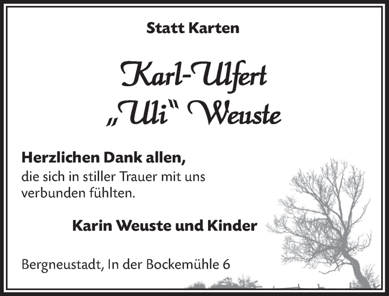  Traueranzeige für Karl-Ulfert Weuste vom 15.02.2017 aus  Anzeigen Echo 